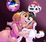  anthro avian backpack bird bound bulge canid canine canis clothing cockapoo collar costume dalmatian domestic_dog encasement fursuit hand_on_bulge hypnosis kastmi male male/male mammal marshall_(paw_patrol) mind_control mixed_breed paw_patrol plushie plushification plushsuit skye_(paw_patrol) wolf 