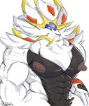  abs anthro biceps big_nipples big_pecs black_body black_fur blue_eyes castrodour fur half-length_portrait hi_res legendary_pok&eacute;mon male mane muscular nintendo nipples pecs pok&eacute;mon pok&eacute;mon_(species) portrait pubes simple_background solgaleo solo video_games white_background white_body white_fur white_mane 