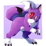  1:1 ambiguous_gender black_claws black_markings canid canine claws digimon digimon_(species) dorumon ear_markings facial_markings fangs feral fur head_markings hi_res long_tail mammal markings purple_body purple_fur reptile scalie solo thatlittlebunni toe_claws white_markings wings x-digimon yellow_eyes 