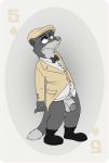  anthro balls belly big_penis black_tie_(suit) blacksad bottomless bow_tie cabby_hat clothed clothing coat digital_media_(artwork) eye_roll flaccid footwear fur genitals half-closed_eyes hat headgear headwear hi_res humanoid_genitalia humanoid_penis male mammal mustela mustelid musteline narrowed_eyes neenya penis shirt shoes simple_background solo standing suit tailcoat topwear weekly 