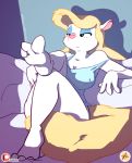  3_toes animaniacs anthro bed blonde_hair bored bottomless breasts camisole clothed clothing female fur furboz furniture hair half-closed_eyes mammal minerva_mink mink mustelid musteline narrowed_eyes pink_nose shirt sitting solo toes topwear warner_brothers white_body white_fur 