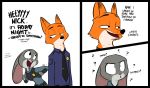  2017 ? anthro canid canine cheek_tuft clothed clothing color_edit colored comic confusion dialogue disney duo edit english_text facial_tuft fox fur grey_body grey_fur judy_hopps lagomorph leporid looking_at_another male mammal necktie nick_wilde open_mouth open_smile orange_body orange_fur police_uniform rabbit red_fox shirt shoutingisfun smile text topwear tuft uniform zootopia 