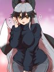  3:4 animal_humanoid big_breasts black_hair blush bottomwear breasts canid canid_humanoid canine canine_humanoid clothed clothing dipstick_tail female fox_humanoid grey_hair hair hi_res humanoid inner_ear_fluff isna japanese_text kemono_friends long_hair mammal mammal_humanoid multicolored_hair multicolored_tail open_mouth pants silver_fox_(kemono_friends) smile solo sweater text topwear translated tuft two_tone_hair yellow_eyes 