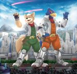  2020 absurd_res anthro arwing avian bird bottomwear canid canine city clothed clothing duo falco_lombardi fox fox_mccloud hi_res ligoni macro male mammal muscular nintendo open_mouth pants star_fox video_games 