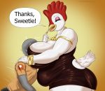  absurd_res anthro avian avian_caruncle beak big_breasts bird black_text breast_smother breasts butt chicken clothed clothing comb_(anatomy) dialogue dress duo english_text female galliform gallus_(genus) goldcrustedchicken head_crest hi_res huge_breasts looking_at_another monotone_beak open_beak open_mouth patreon phasianid smothering speech_bubble text tongue topwear white_body white_tail 