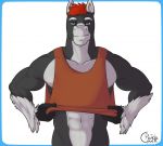  2018 abs anthro biceps black_body black_fur blue_border blue_eyes border clothed clothing clothing_lift digital_media_(artwork) equid equine eyebrows front_view fur hair half-length_portrait horse jodira looking_at_viewer male mammal multicolored_body multicolored_fur muscular muscular_male navel pandacouch portrait red_hair shirt shirt_lift short_hair signature simple_background smile solo standing topwear two_tone_body two_tone_fur undressing white_background white_body white_eyebrows white_fur 