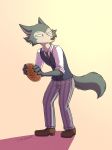  2020 anthro beastars canid canine canis cheek_tuft ciderbunart clothed clothing facial_tuft food footwear fully_clothed fur grey_body grey_fur hi_res holding_food holding_object legoshi_(beastars) light lighting male mammal shoes signature simple_background solo standing tuft waffle wolf 