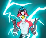  anthro avian avio bird clothed clothing electricity enthief eyewear feathers gesture glasses male partially_clothed pointing solo sparks topless 