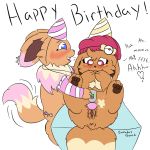  ! &lt;3 &lt;3_eyes 1:1 anus birthday blue_eyes blue_nose blush bodily_fluids brown_body brown_fur brown_nose brown_pawpads chest_tuft clothing covering_mouth cute_fangs dipstick_ears dipstick_tail duo ears_back eevee female female/female feral feral_on_feral fur genital_fluids genitals h2o2 hat headgear headwear hi_res iku_(iroxykun) jewelry looking_pleasured lying markings moan multicolored_ears multicolored_tail necklace nintendo on_back pawpads pink_markings pivoted_ears pok&eacute;mon pok&eacute;mon_(species) pussy pussy_juice red_eyes rose_(h2o2) sex_toy spread_legs spreading toying_partner tuft vibrator video_games 