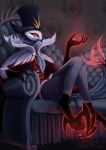  4_fingers 4_toes anthro avian beak bird chair claws clothing demon feathers fingers furniture grey_body grey_feathers helluva_boss long_claws male owl power qwestrien red_eyes signature solo stolas_(vivzmind) toes white_body white_feathers 