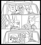  ! ... 2019 ? anthro black_border border canid canine car cheek_tuft clothed clothing comic dialogue disney driving duo ears_down ears_up english_text eyewear facial_tuft fox fur half-closed_eyes head_tuft hi_res holding_object inside_car judy_hopps lagomorph leporid looking_at_another mammal monochrome narrowed_eyes necktie nick_wilde oblivious open_mouth open_smile pivoted_ears police_uniform rabbit red_fox rejection sad shirt shoutingisfun sitting smile speech_bubble sunglasses text topwear tuft uniform vehicle zootopia 
