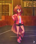  absurd_res ananasartworks anime anthro basketball basketball_court bottomwear brand_new_animal canid canine chain-link_fence clothed clothing contrapposto day female fluffy fluffy_tail footwear fur hair hi_res holding_object jacket looking_at_viewer mammal michiru_kagemori outside raccoon_dog shoes short_hair shorts solo studio_trigger tanuki text topwear url 