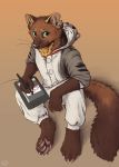  2020 anthro barefoot black_nose brown_body brown_fur chest_tuft clothed clothing creating_art fluffy fluffy_tail fully_clothed fur hi_res high-angle_view kebi kigurumi looking_at_viewer mammal marten mustelid musteline neck_tuft notched_ear pine_marten smile solo tuft whiskers 