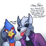  1:1 anthro avian avioylin canid canine canis caress clothed clothing duo eye_patch eyewear falco_lombardi jacket male male/male mammal nintendo no_way_fag seductive star_fox text tongue tongue_out topwear video_games wolf wolf_o&#039;donnell 