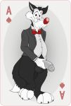  animaniacs anthro balls big_penis black_body black_fur black_tie_(suit) bottomless bow_tie canid canine canis clothed clothing dad_bod digital_media_(artwork) erection eyewear fur genitals hi_res holding_penis humanoid_genitalia humanoid_penis looking_at_viewer male mammal neenya penis simple_background smile solo suit topwear walter_wolf warner_brothers white_body white_fur wolf 