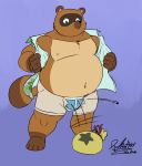  2020 animal_crossing anthro belly blue_eyes bottomwear brown_body brown_fur bulge canid canine clothed clothing deadanthro fur humanoid_hands male mammal moobs navel nintendo open_shirt overweight overweight_male raccoon_dog shirt shorts solo tanuki tom_nook_(animal_crossing) topwear underwear video_games 