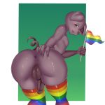  1:1 5_fingers absurd_res anthro anus balls butt clothing domestic_pig fingers floppy_ears genitals gimnie hi_res holding_butt humanoid_genitalia humanoid_hands humanoid_penis legwear looking_at_viewer male mammal mostly_nude multicolored_clothing multicolored_legwear penis presenting rainbow_clothing rainbow_flag rainbow_legwear rainbow_symbol solo suid suina sus_(pig) thigh_highs 