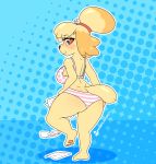 &lt;3 &lt;3_eyes 2020 animal_crossing anthro big_breasts bikini breasts butt_pose canid canine canis clothed clothing digital_media_(artwork) domestic_dog eyebrows female halftone halftone_background hi_res isabelle_(animal_crossing) looking_at_viewer mammal nintendo paper pattern_background pose shih_tzu simple_background smile solo swimwear toy_dog video_games whisperfoot 