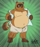  2020 animal_crossing anthro belly blue_eyes bottomwear brown_body brown_fur bulge canid canine clothed clothing deadanthro fur humanoid_hands male mammal moobs navel nintendo open_shirt overweight overweight_male raccoon_dog shirt shorts solo tanuki tom_nook_(animal_crossing) topwear video_games 