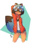  absurd_res ananasartworks anime anthro black_body black_fur blue_body blue_eyes blue_fur blue_hair bottomwear brand_new_animal canid canine clothed clothing female fluffy fluffy_tail fur hair hand_behind_head hi_res jacket looking_at_viewer mammal michiru_kagemori multicolored_body multicolored_fur multicolored_hair portrait pose raccoon_dog racoon_dog short_hair shorts solo studio_trigger tanuki three-quarter_portrait topwear 