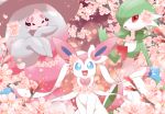  2020 3_fingers blue_eyes bow branch canid canine cherry_blossom clothing dress eeveelution female feral fingers flower gardevoir green_body group hat hatterene headgear headwear humanoid mammal moko_(pixiv) nintendo open_mouth pink_background pink_body pink_flower plant pok&eacute;mon pok&eacute;mon_(species) red_eyes ribbons simple_background smile sylveon video_games white_body 