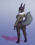  anthro anubian_jackal big_butt black_hair boots breasts butt canid canine canis clothing conditional_dnp ear_piercing female footwear fur green_eyes grey_body grey_fur hair high_heels jackal jacket kadath looking_at_viewer looking_back mammal nightshade_(kadath) piercing shoes smile solo spikes topwear 