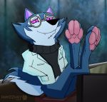 anthro canid canine canis chair chalkboard clothed clothing coat dreamworks eyewear furniture glasses good_billons_(kipo) hands_in_pockets hi_res inside kipo_and_the_age_of_wonderbeasts lab_coat looking_at_viewer male mammal netflix partially_clothed pawzzhky pockets raised_paw sitting smile solo teeth topwear turtleneck watermark wolf 