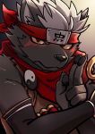  5_fingers accessory anthro bandanna black_pawpads canid canine canis clothed clothing domestic_dog fingers forehead_protector fur gesture grey_body grey_fur hair headband hi_res male mammal pawpads pm8sleepy portrait red_eyes solo tadatomo tokyo_afterschool_summoners topwear video_games white_hair yin_yang 