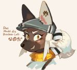  anthro bf_109_(hideki_kaneda) brown_body brown_eyes brown_fur canid canine canis clothing domestic_dog female fur furgonomics german_text hair hat headgear headshot_portrait headwear hideki_kaneda japanese_text mammal ponytail portrait smile solo text translation_request white_hair 