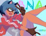  2020 anime anthro blue_hair brand_new_animal brown_body brown_fur canid canine clothed clothing female finger_gun fur fxsuo_(heavens156) gesture hair heterochromia jacket looking_at_viewer mammal michiru_kagemori open_mouth pink_eyes raccoon_dog solo studio_trigger tanuki topwear v_sign 