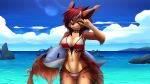  16:9 2020 4k 5_fingers absurd_res anthro bikini breasts brown_body brown_fur brown_hair clothed clothing day detailed_background digital_media_(artwork) felid feline female fingers fur hair hi_res mammal midriff navel outside sky smile swimwear widescreen xaenyth 