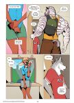  2020 5_fingers aaron_(falcon_mccooper) anthro back_muscles big_ears biped bottomwear canid canine canis cervid clothed clothing comic covering covering_crotch desk dialogue digital_media_(artwork) english_text equid equine falcon_mccooper fingers fully_clothed furniture girly group hi_res inside jesse_(falcon_mccooper) male mammal manly muscular muscular_male office shirt shorts snout speech_bubble t-shirt tank_top text topwear wolf zebra 