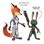  ... 1:1 2020 anthro armor barefoot body_armor canid canine cheek_tuft clothed clothing dialogue disney doom_(series) duo english_text facial_tuft fox fully_clothed fur headgear helmet holding_gun holding_object holding_weapon id_software judy_hopps lagomorph leporid male mammal neck_tuft nick_wilde orange_body orange_fur rabbit red_fox samur_shalem simple_background standing text tuft video_games weapon white_background zootopia 