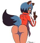  2020 anime anthro blue_body blue_eyes blue_fur blue_hair bottomless brand_new_animal brown_body brown_fur butt canid canine charredarousal clothed clothing female fluffy fluffy_tail fur genitals gesture hair happy hi_res jacket looking_at_viewer looking_back mammal michiru_kagemori multicolored_body multicolored_fur multicolored_hair open_mouth portrait pussy raccoon_dog solo studio_trigger tanuki three-quarter_portrait topwear v_sign white_body white_fur 