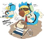  animal_crossing anthro avian beak bird blue_body blue_feathers blush columbid dodo eyewear feathers female headgear headphones headset human humor hyaku_(artist) japanese_text male mammal net nintendo sunglasses text translation_request video_games villager_(animal_crossing) wilbur_(animal_crossing) 