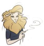  anthro blonde_hair blue_clothing bovid breaking_bad caprine cigarette clothed clothing coconutmilkyway female fur goat hair holding_object low_res mammal shirt simple_background skyler_white solo topwear white_background yellow_body yellow_fur 