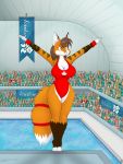  audience big_breasts bodily_fluids breasts canada canid canine cleavage clothed clothing female fox geckoguy123456789 group hi_res leokitsune mammal maple_leaf olympics one-piece_swimsuit raised_arm solo solo_focus sport_swimsuit sweat swimming_pool swimwear 