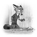 1:1 2020 anthro barefoot canid canine cheek_tuft clothed clothing cup disney dripping facial_tuft fox fully_clothed head_tuft kneeling liquid male mammal monochrome nick_wilde pawpads red_fox samur_shalem solo tuft zootopia 