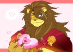  &lt;3 anthro blue_eyes bodily_fluids brown_hair brown_nose bust_portrait clawlion claws cloak clothed clothing drooling ear_piercing eye_through_hair felid fur hair heterochromia holding_object holidays kemono lion looking_at_viewer male mammal mane mane_hair multicolored_body multicolored_fur pantherine pictographics piercing pink_background portrait red_clothing saliva simple_background smile solo speech_bubble standing translucent translucent_hair two_tone_body two_tone_fur valentine&#039;s_day yellow_body yellow_eyes yellow_fur 