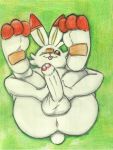  absurd_res anthro anus balls butt english_text feet fur genitals green_background gypsy_king_(artist) hi_res humanoid_genitalia humanoid_penis lagomorph legs_up leporid lying male mammal nintendo nude on_back one_eye_closed penis pok&eacute;mon pok&eacute;mon_(species) rabbit scorbunny simple_background smile solo text tongue tongue_out traditional_media_(artwork) uncut video_games white_body white_fur wink 