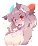  2017 5_fingers anthro breasts canid canine cecily_lin clothed clothing collarbone cute_fangs dipstick_ears eyebrow_through_hair eyebrows female fingers hair hi_res looking_at_viewer mammal multicolored_ears simple_background solo tongue topwear translucent translucent_hair white_background 