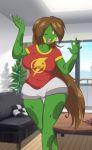  amphibian big_breasts breasts clothing female frog furniture hair hi_res mastergodai one_eye_closed small_waist sofa solo table wide_hips wink 