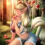  1:1 animal_humanoid apple applejack_(mlp) big_breasts breasts cleavage clothed clothing equid equid_humanoid equine equine_humanoid female food friendship_is_magic fruit green_eyes humanoid kgfantasy licking licking_lips mammal mammal_humanoid my_little_pony outside plant solo tongue tongue_out tree 