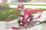  5_fingers anthro day detailed_background dragon fingers green_eyes hair hi_res male membrane_(anatomy) membranous_wings open_mouth outside red_hair rudragon solo teeth toes tongue wings 