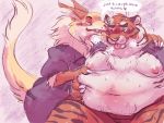  2018 4:3 alien anthro belly berlin big_belly blush claws clothed clothing digital_drawing_(artwork) digital_media_(artwork) duo english_text face_lick felid fur hi_res licking long_tail male mammal markings nipples obese open_mouth orange_body orange_fur overweight pantherine pflaum sharp_teeth simple_background teeth text tiger tongue tongue_out weight_gain 