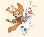  2019 angry anthro brown_body brown_fur canid canine clothed clothing disney duo fennec finnick fox frozen_(movie) fully_clothed fur hug lifting mammal nyaasu olaf_(frozen) open_mouth open_smile shirt simple_background smile tan_background teeth topwear zootopia 