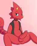  2020 animal_crossing anthro balls chameleon clothed clothing collar dabelette flick_(animal_crossing) genitals hi_res horn lizard looking_at_viewer male nintendo penis presenting presenting_penis red_body red_skin reptile scalie simple_background solo tongue tongue_out topwear video_games 