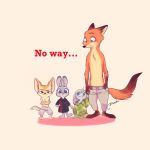  1:1 2020 anthro barefoot blush bottomwear canid canine clothed clothing disney ears_down ears_up english_text fennec finnick fox fur grey_body grey_fur group head_tuft hi_res jack_savage judy_hopps lagomorph leporid mammal mochigolo618 nick_wilde orange_body orange_fur pants pivoted_ears purple_eyes rabbit red_fox shirt simple_background smile standing tan_background tan_body tan_fur text topless topwear tuft zootopia 