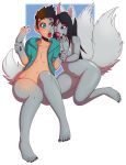  2018 2_tails alpha_channel anthro assimilation black_hair blue_eyes blush breasts canid canine clothing deiser duo female fox fur grey_body grey_fur hair hi_res hoodie human_to_anthro kneeling mammal multi_tail navel nude simple_background sitting smile species_transformation surprise topwear transformation transparent_background wide_hips wrenzephyr2 
