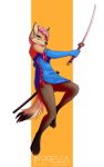  2020 absurd_res anthro canid canine clothed clothing digital_media_(artwork) english_text female fox fur hair hi_res holding_object holding_weapon impreza katana looking_at_viewer mammal melee_weapon pink_hair simple_background solo sword text tridognait weapon 